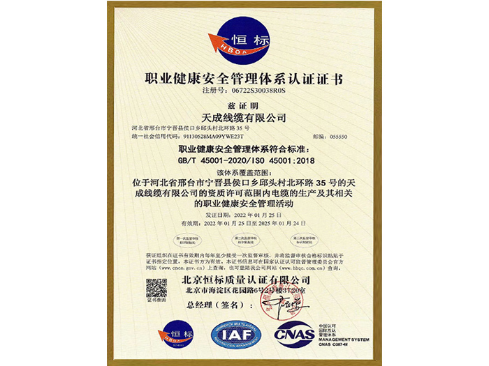 職業(yè)健康安全管理體系認(rèn)證證書